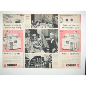 Vintage Norge Gas Electric Range Ad 1950s 2 Page Print Ad Kitchen Decor Children